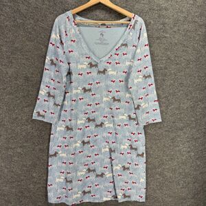Soma Night Gown Women L Large Blue Dog Print Long Sleeve V-Neck Cotton Sleepwear